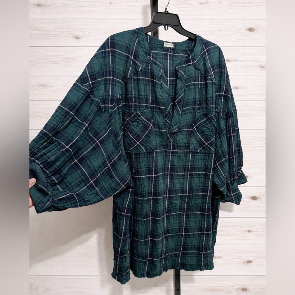 Free People Intimately Not Your Boyfriend’s Plaid Oversized Top~Green/Blue ~ XS - Picture 8 of 16